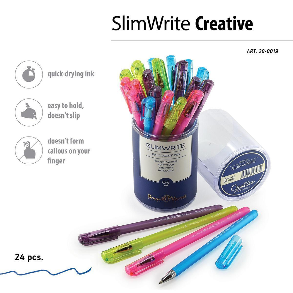 Ручка шариковая 0.5 мм, синяя "SlimWrite. Creative" в ассорт. (BrunoVisconti)