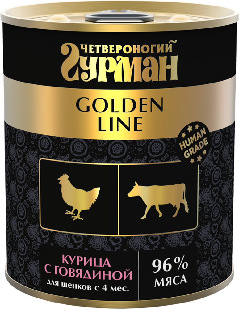 Корм консервированный для щенков Четвероногий гурман "Golden line Курица с говядиной", 340 г Корм консервированный для щенков Четвероногий гурман "Golden line Курица с говядиной", 340 г