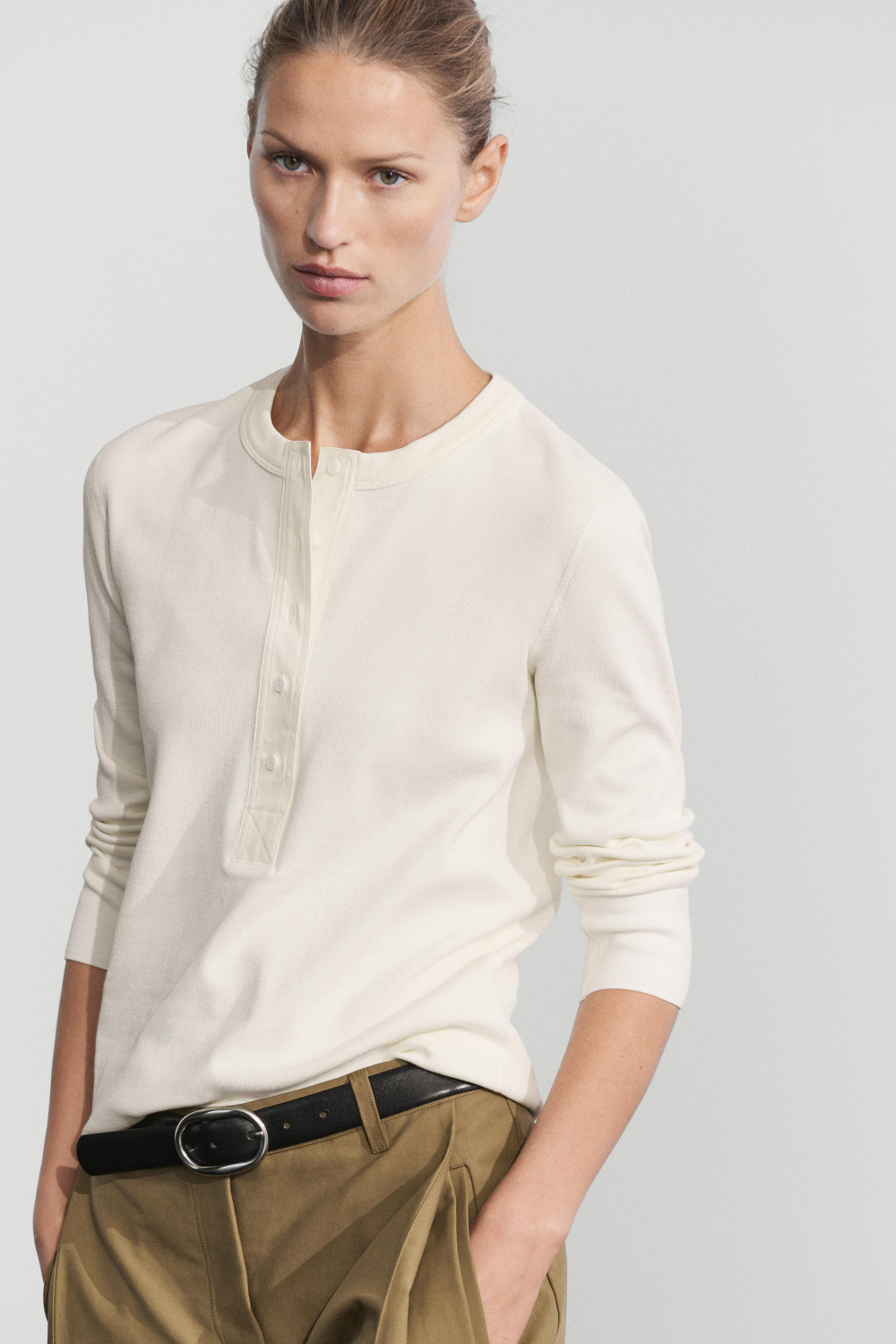 Massimo Dutti Футболка из смесового хлопка с воротником на пуговицах, натуральный/кремовый
