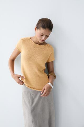 Massimo Dutti Вязаный свитер с коротким рукавом из смесовой хлопковой ткани, соломенный