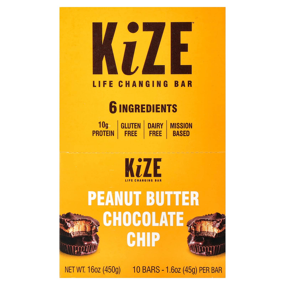 KiZE Life Changing Bar, арахисовая паста и шоколадная крошка, 10 батончиков по 45 г (1,6 унции)