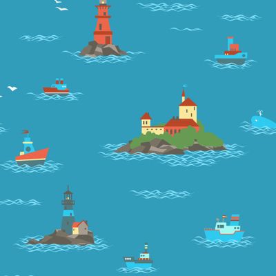 Маяки, острова и корабли на море.