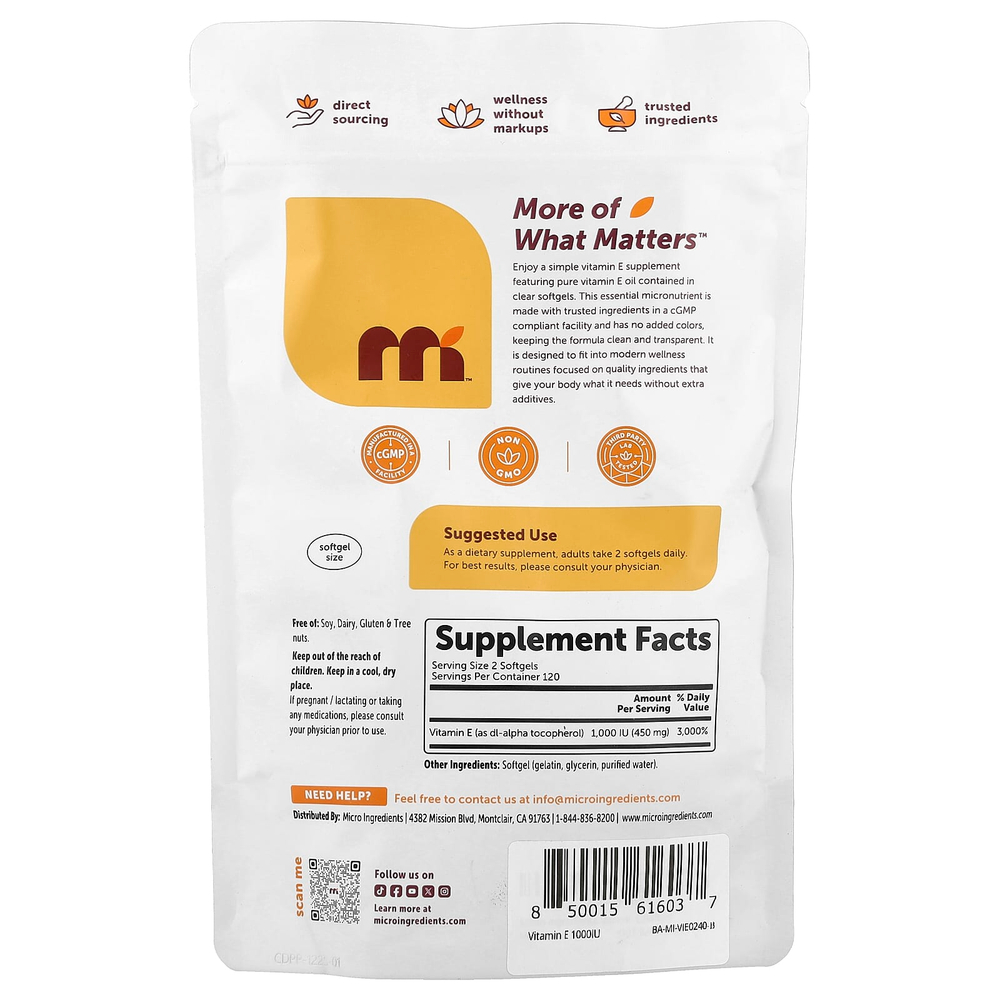 Micro Ingredients, Витамин E, 240 мягких таблеток (500 МЕ в каждой капсуле)