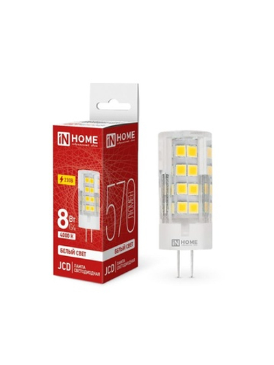 Лампа светодиодная LED-JCD 8Вт капсульная прозрачная 4000К нейтр. бел. G4 760лм 230В IN HOME 4690612036205