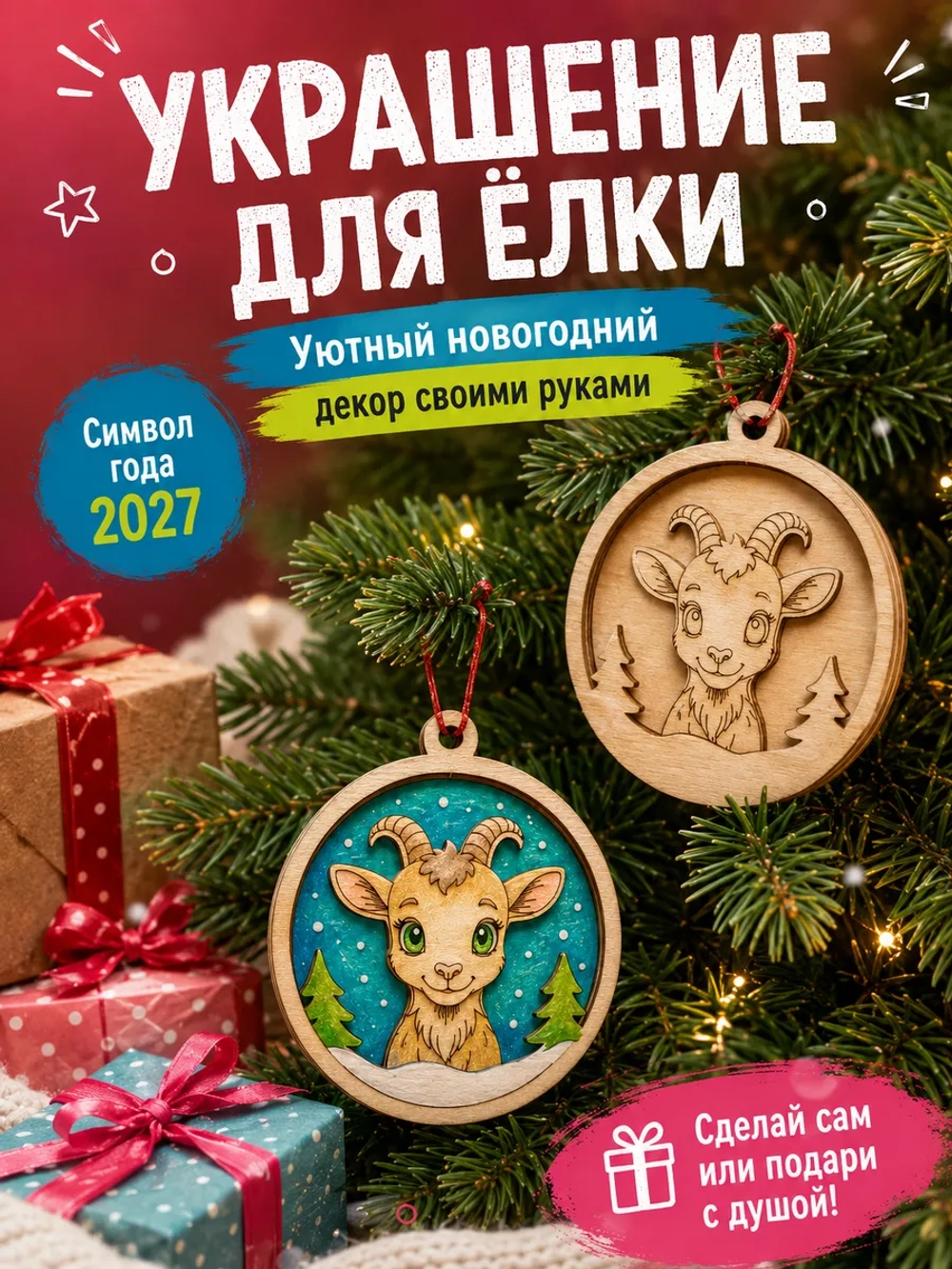 3D раскраска Козочка 2027, ёлочный шар для творчества детям