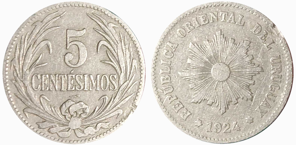 Уругвай 5 сентесимо, 1901 - 1941 Солнце VF