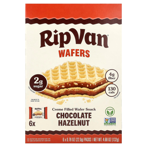 Rip Van Wafels, вафли с кремовой начинкой, шоколад и фундук, 6 пакетиков по 22 г (0,78 унции)
