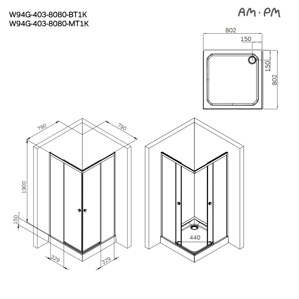 Душевое ограждение 80x80  см, без поддонс AM.PM X-Joy W94G-403-8080-MT1K