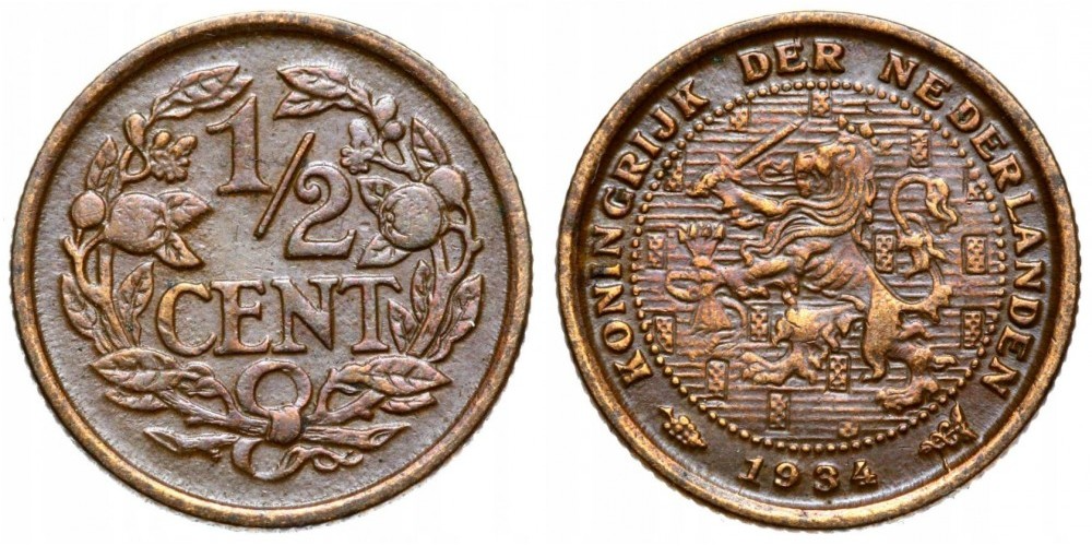 Нидерланды 1/2 цента, 1909 - 1940 Лев XF