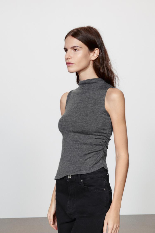 ZARA ТОП С ВОРОТНИКОМ-СТОЙКОЙ, МЯГКИЙ СЕРЫЙ