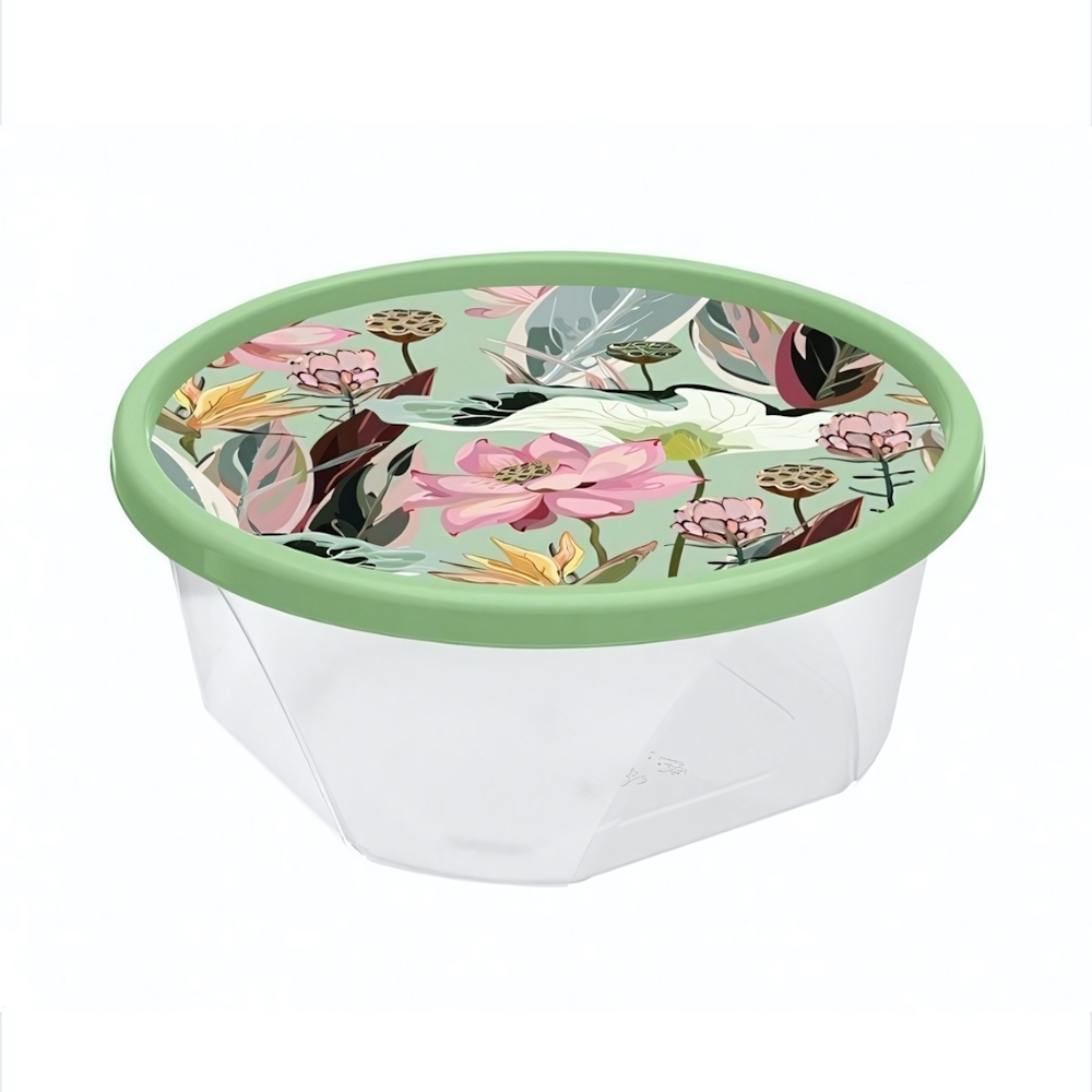 Контейнер для продуктов круглый 0,85л с декором "Ботаника" (зеленый)