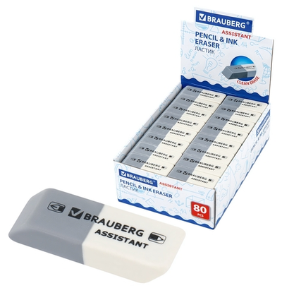 Ластик BRAUBERG ASSISTANT 41х14х8 мм, серо-белый, прямоугольный, скошенный, 222461