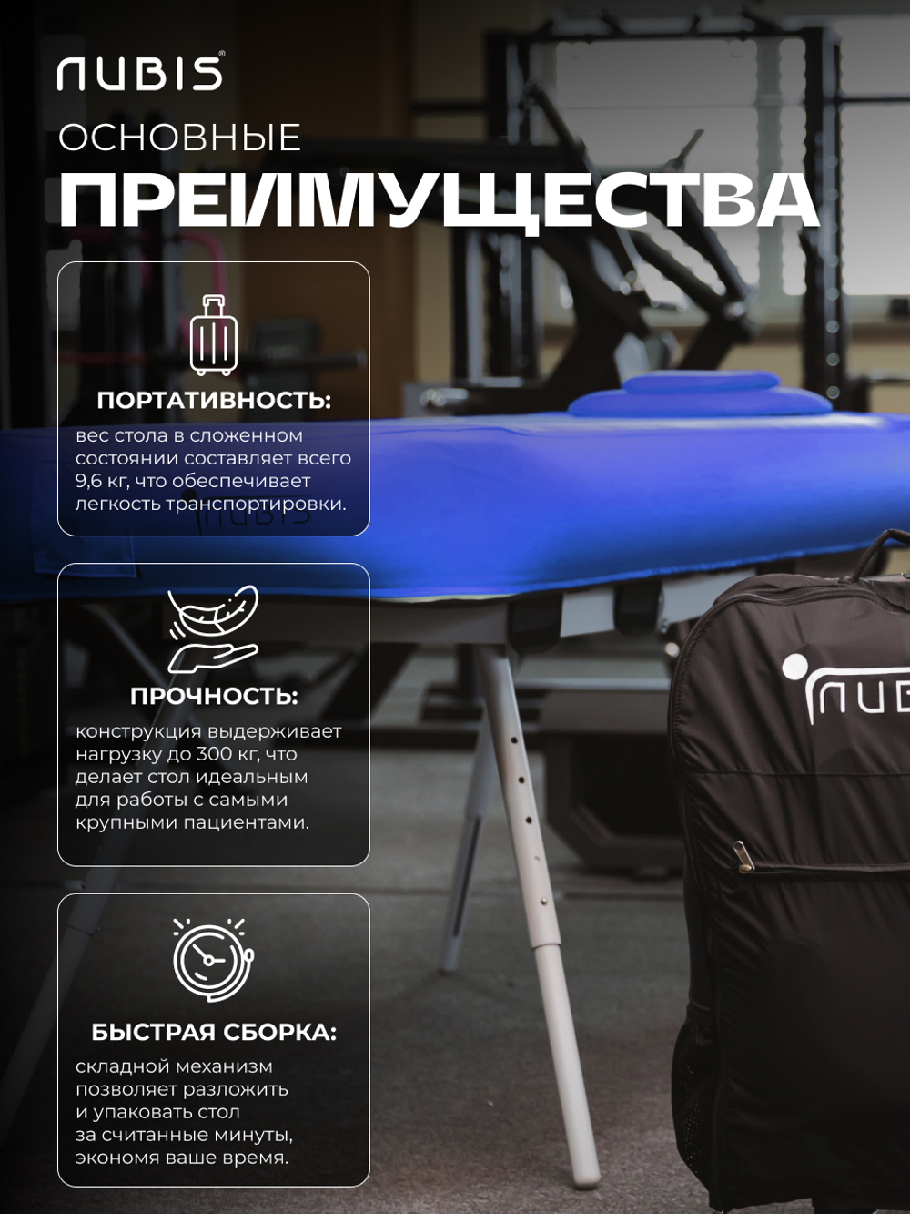 Комплект: переносной массажный стол NUBIS PRO OSTEO с электрическим насосом дополнительным усиленным каркасом, темно-голубой.