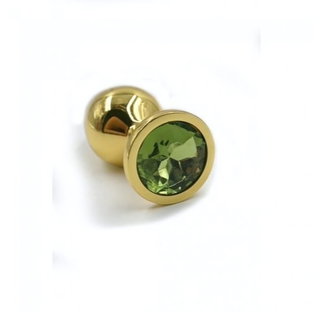 Металлическая анальная пробка Small light green gold (Цвет: цвет пробки золотой, цвет камня: зеленый.)