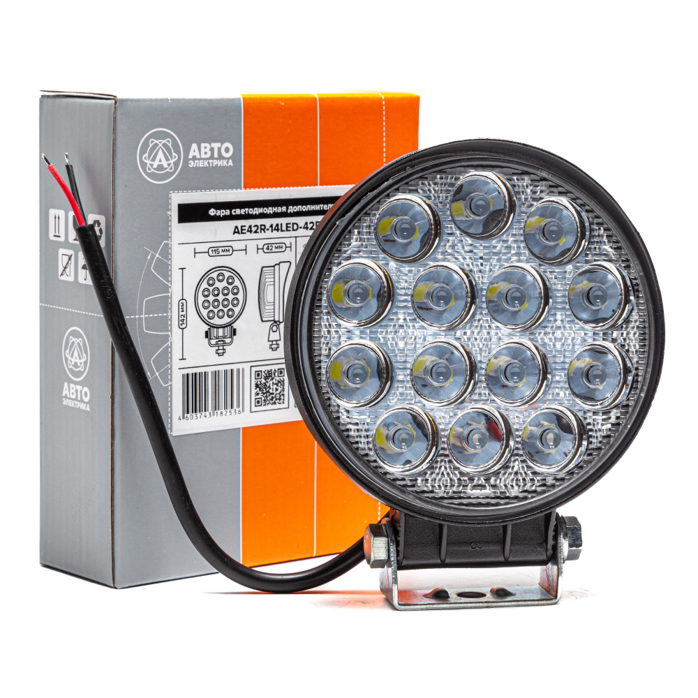 AE42R-14LED-42PC Фара светодиодная дополнительная, круглая 115*42*142, рассеянный свет, 14 диодов, крепление по центру, 42 Вт, 10-30 В