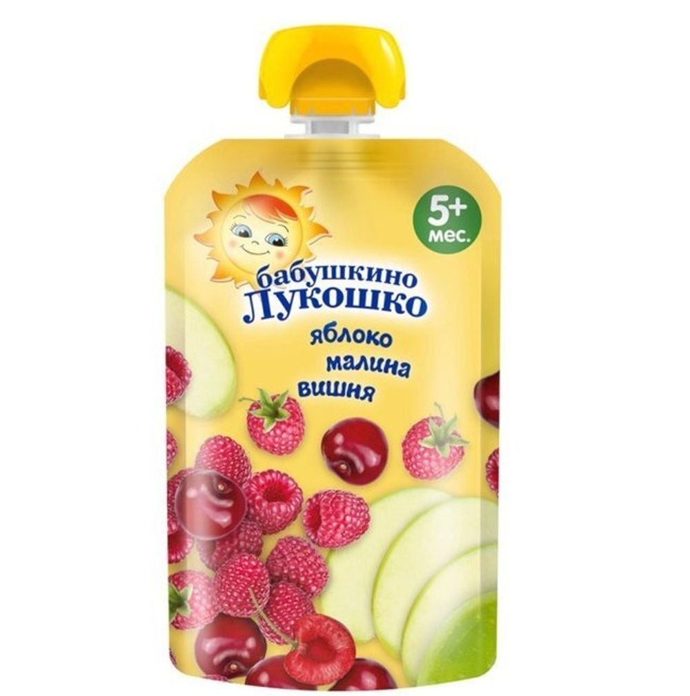 Детское пюре Бабушкино Лукошко Яблоко,малина,вишня 90г, шт