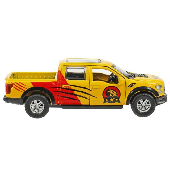 Машина металл FORD F150 RAPTOR ДИНОЗАВРЫ 12 см, двер, баг, ин, желтый, кор. Технопарк