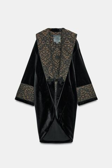 ZARA КОМБИНИРОВАННОЕ ПАЛЬТО ИЗ БАРХАТА С ЖАККАРДОМ — ZW COLLECTION, ЧЕРНЫЙ