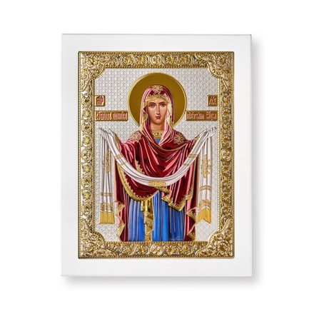Покрова, икона прямоугольная с рамкой, белое дерево, эмаль 185х235