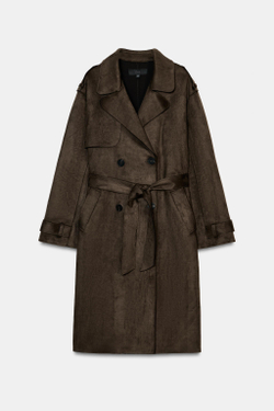 ZARA ДЛИННЫЙ ТРЕНЧ ИЗ ИСКУССТВЕННОЙ ЗАМШИ С ПОЯСОМ, СВЕТЛЫЙ ХАКИ