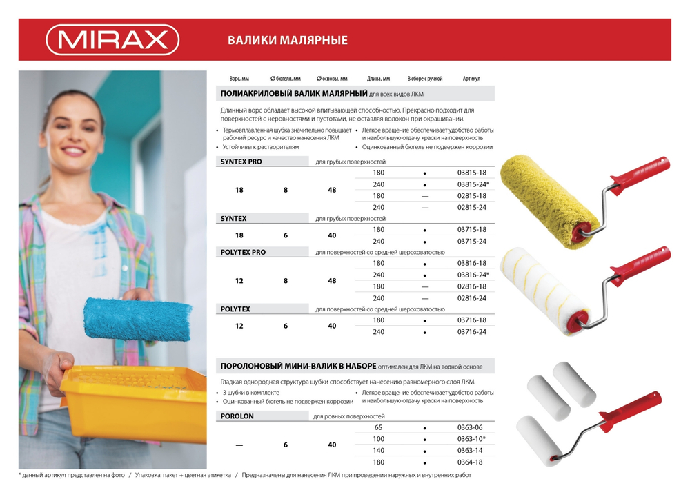 MIRAX POLYTEX PRO, 48 х 180 мм, бюгель 8 мм, ворс 12 мм, полиакрил/полиэстер, все виды ЛКМ, малярный валик (03816-18)