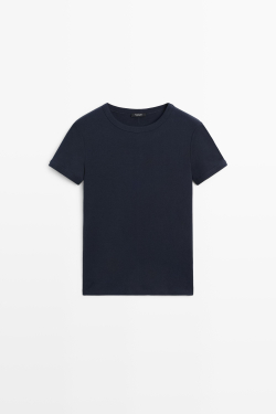 Massimo Dutti Футболка с короткими рукавами и отделкой в рубчик, темно-синий