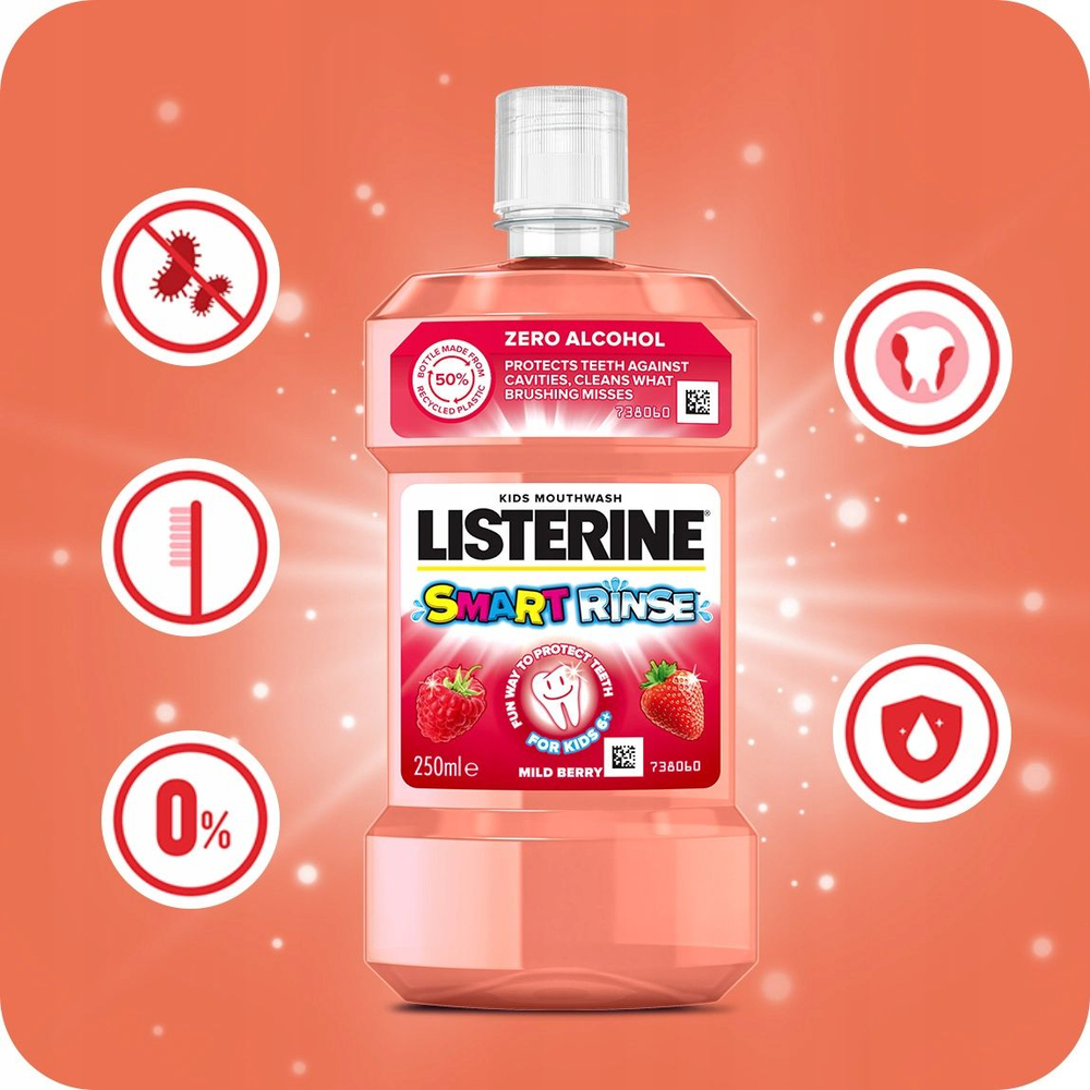 LISTERINE детский ополаскиватель для полости рта 6+, Smart Rinse Ягодная свежесть, 250 мл (из Эстонии)