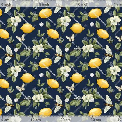 Лимоны, бабочки и пчелы на синем фоне. Жасмин.  by Pattern Store 638 DPI