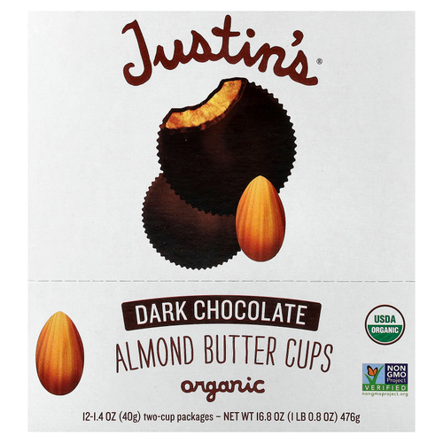 Justin's Nut Butter, Organic Almond Butter Cups, Dark Chocolate, 12 Two-Cup Pakages, 1.4 oz (40 g) Each