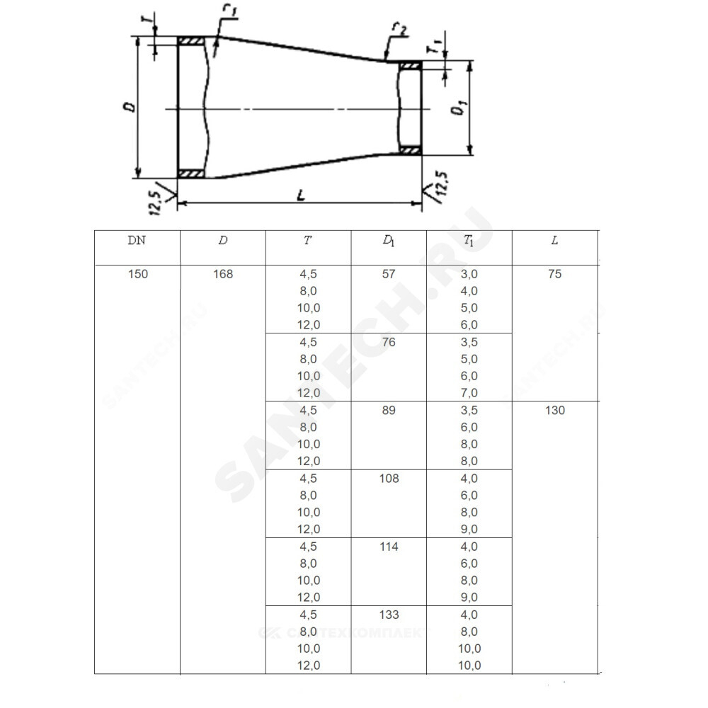 Переход сталь концентрический Дн 325х8,0-219х7,0 (Ду 300х200) бесшовный ГОСТ 17378-2001