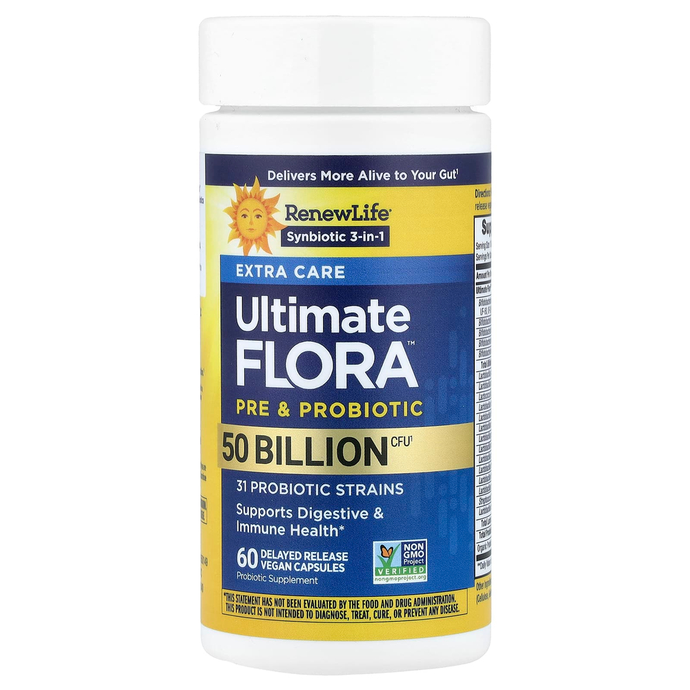 Renew Life, пробиотик Extra Care Ultimate Flora™, 50 млрд КОЕ, 60 веганских капсул с отсроченным высвобождением