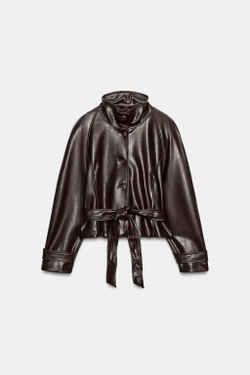 ZARA КУРТКА-ТРЕНЧ ИЗ ИСКУССТВЕННОЙ КОЖИ С ПОДПЛЕЧНИКАМИ, ТЕМНО-КОРИЧНЕВЫЙ