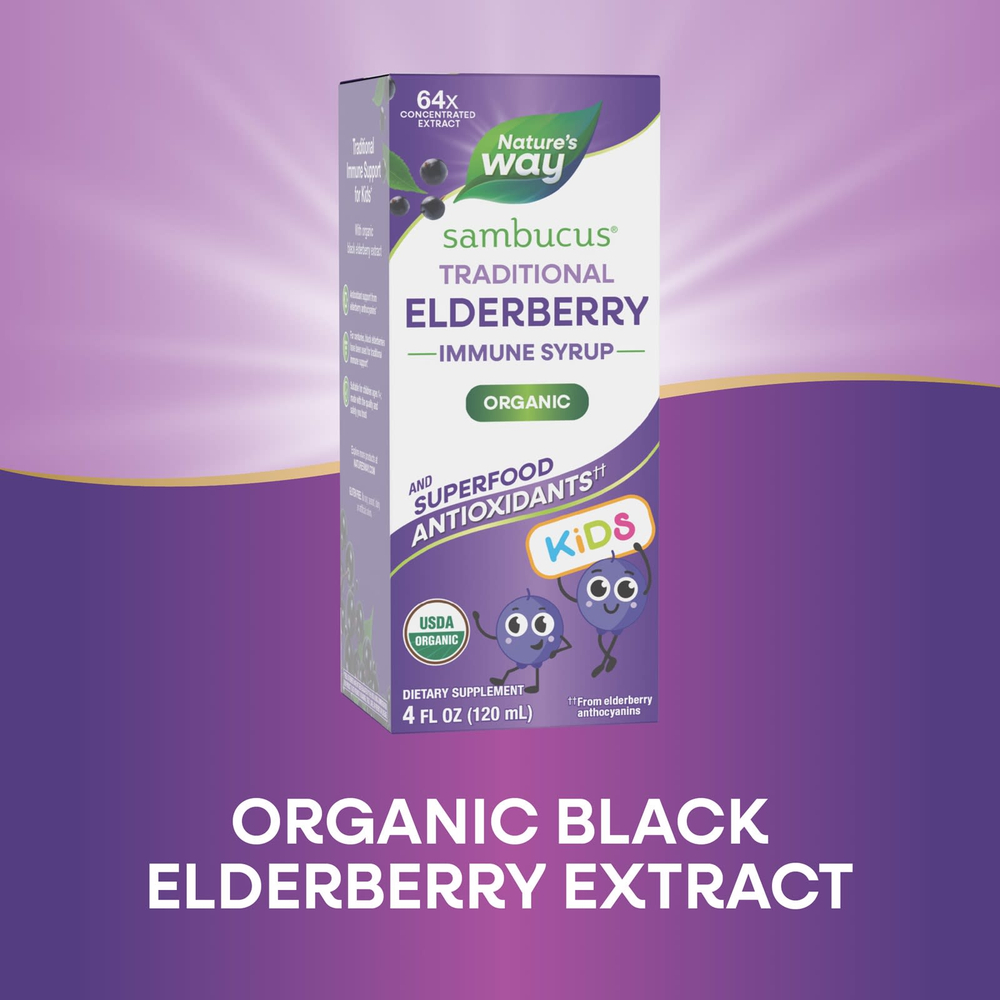 Nature's Way, Kids Sambucus®, органический традиционный сироп для укрепления иммунитета, для детей от 1 года, бузина, 120 мл (4 жидк. унции)