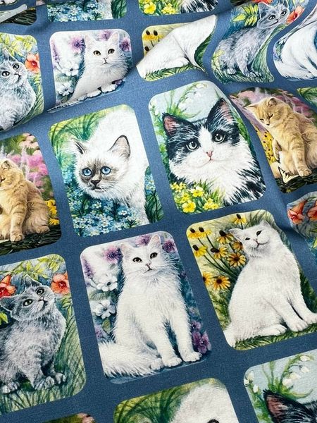 КОТОПОРТРЕТЫ, ГОЛУБОЙ, КУПОН 45*110 см (5 рядов В ОДНОМ РЯДУ 18 КАРТИНОК), 100% хлопок Handmade Fabrics 6