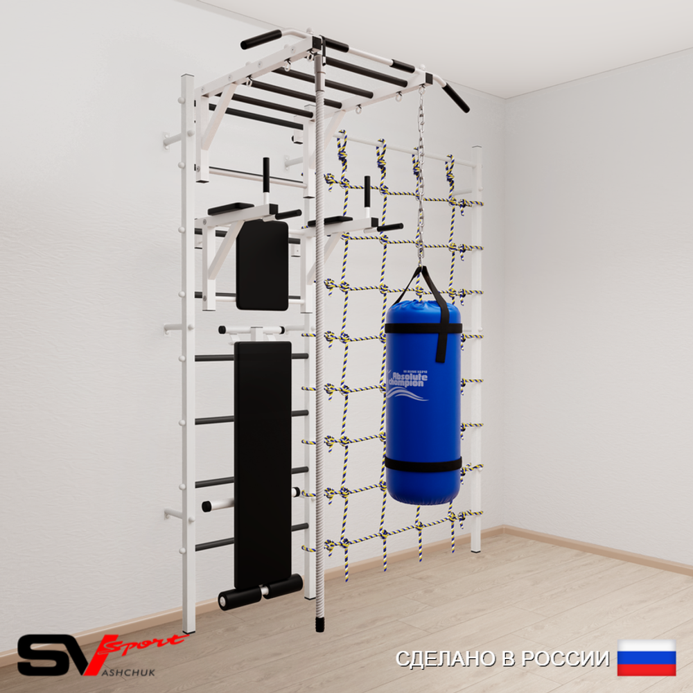 Шведская стенка Sv Sport усиленная 65010 (Турник рукоход/Брусья/Скамья/Канат/Цепь/Мешок 15кг/Канатный лаз)