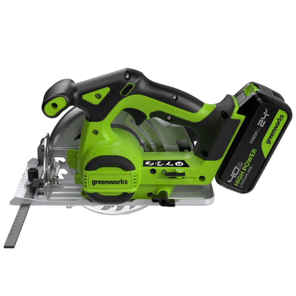 Дисковая пила акк. Greenworks GD24CS165, 24V,б/щет,165х20мм, 4800 об/мин, рез 57мм,1х4Ач,ЗУ,кор (1501607CUB)