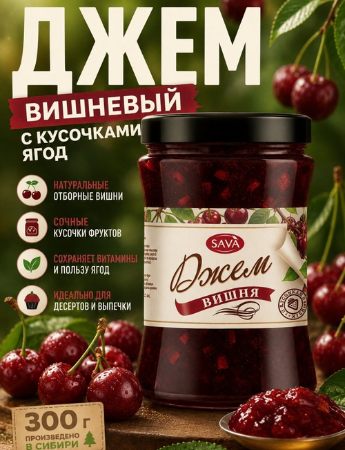 Вишневый джем с кусочками / стеклобанка / 300 г / Сава