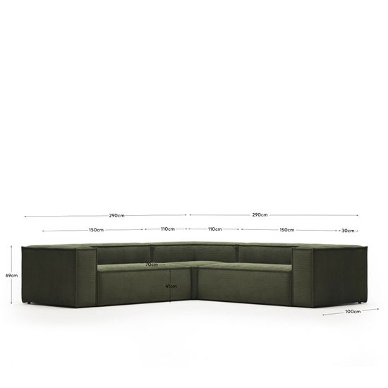 4-местный угловой диван Blok La Forma в зеленом толстом вельвете 290 x 290 см