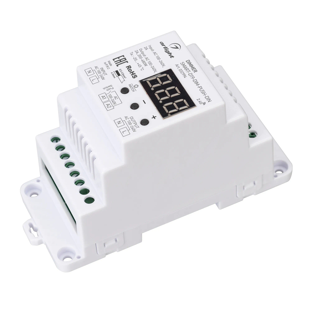 Диммер SMART-D19-DIM-PUSH-DIN (230V, 2A, TRIAC, 2.4G) (Arlight, IP20 Пластик, 5 лет) 032994