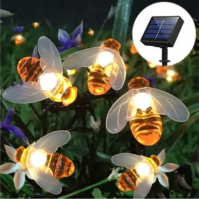 Гирлянда для улицы «Пчёлка» 5 м, 20 ламп LED чёрный провод, 8 реж, IP-55, Теплый белый (солнечная батарея).