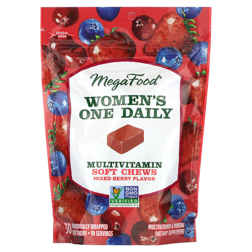 MegaFood, мультивитаминный комплекс для женщин, со вкусом ягодного ассорти, 30 жевательных таблеток в индивидуальной упаковке