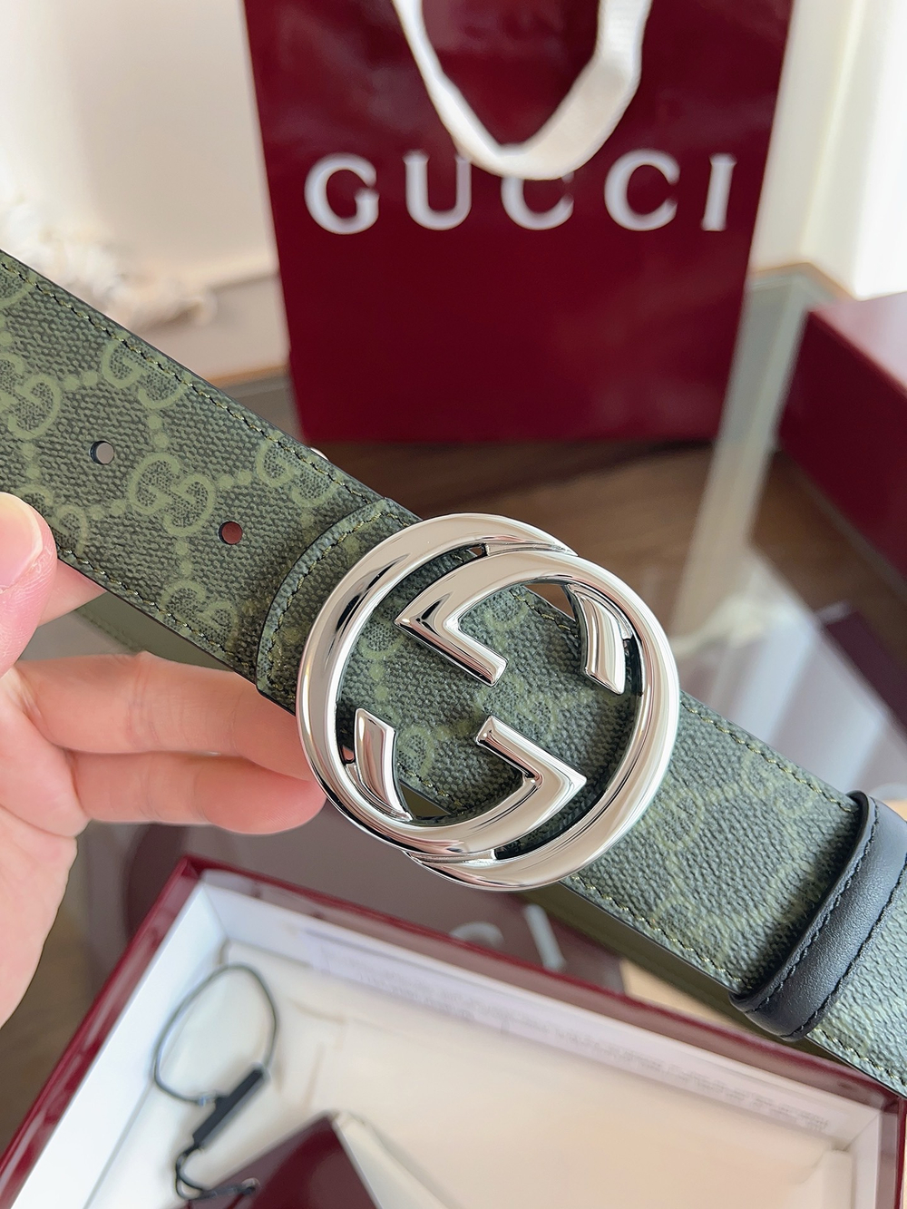 Ремень Gucci GG 4,0 см — зелёный — фото 4