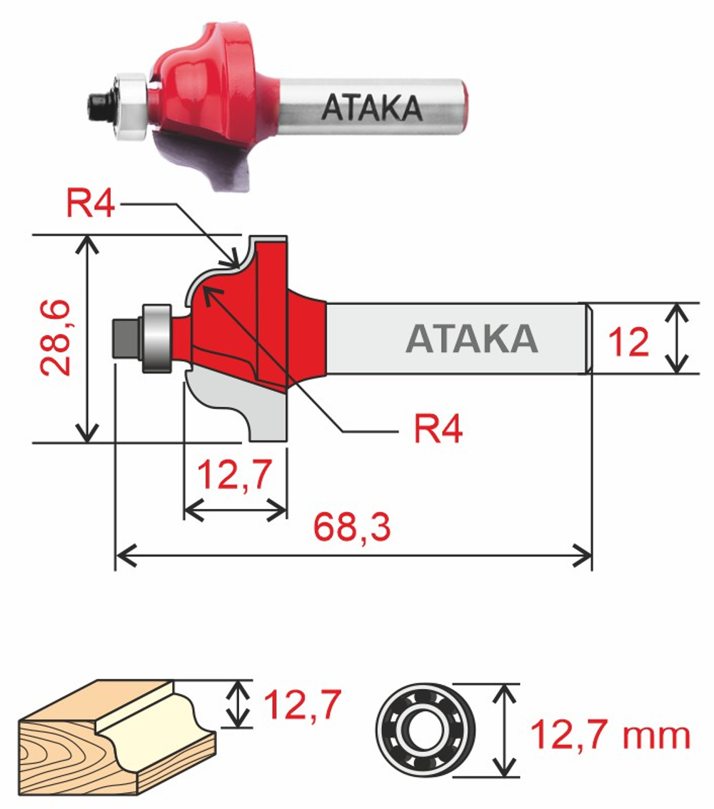 Фреза Атака 412286 кромочная калевочная D28.6/ф12/H12.7
