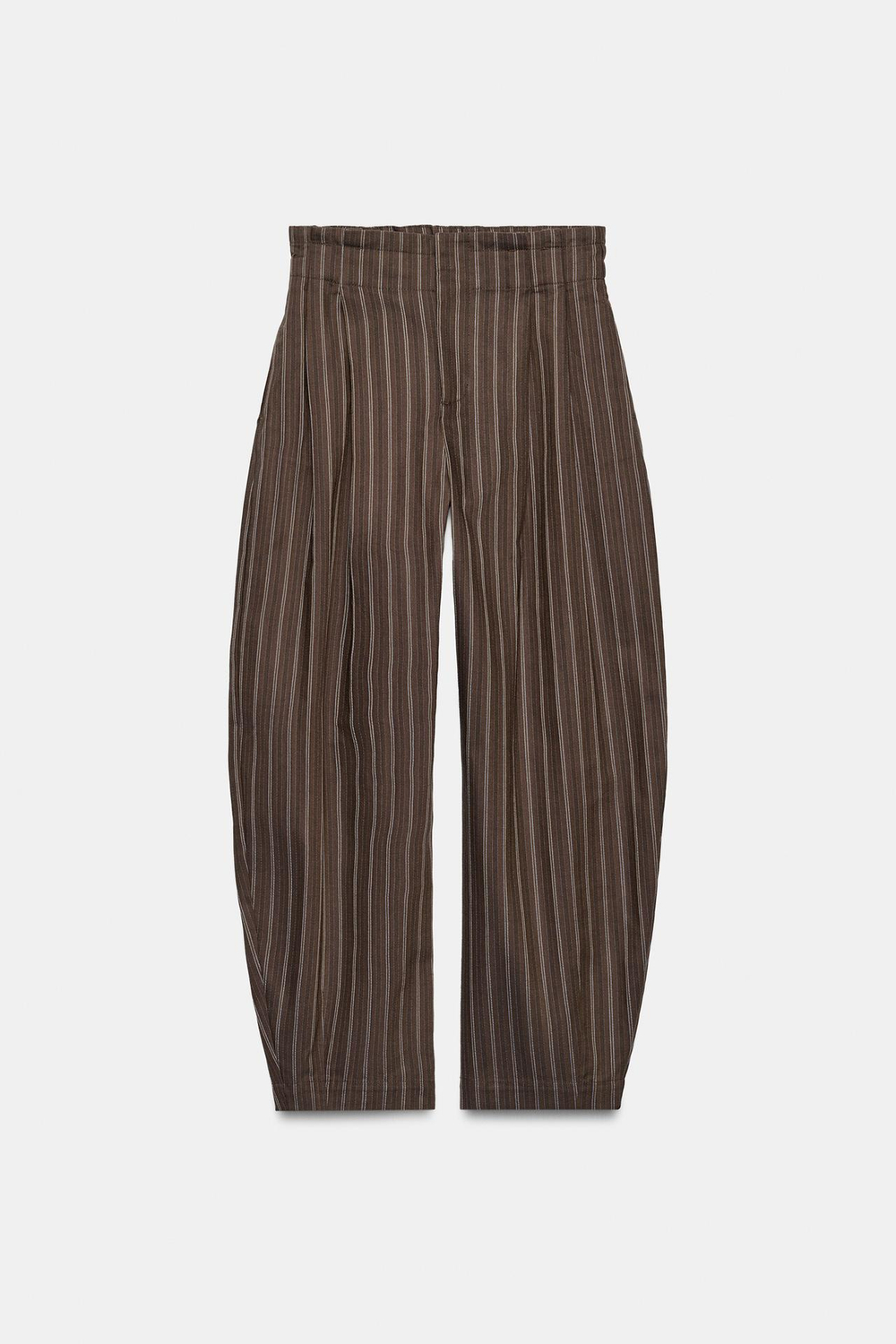 ZARA БРЮКИ-БАЛЛОНЫ В ПОЛОСКУ СО СБОРКОЙ НА ТАЛИИ, КОРИЧНЕВЫЙ/СИНИЙ