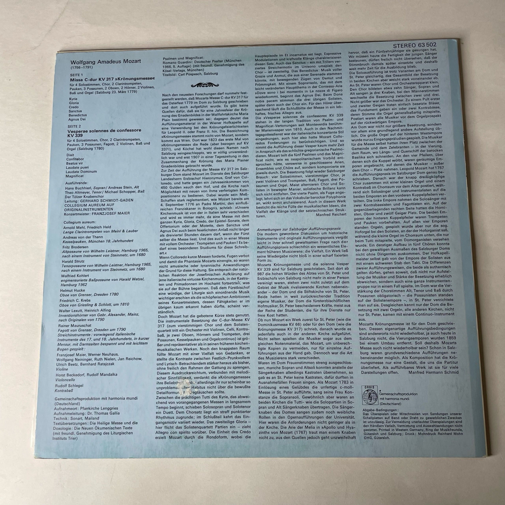Винтажная виниловая пластинка LP W. A. Mozart, В. А. Моцарт, Kronungsmesse C Dur KV 317, KV 339 (Германия 1975)