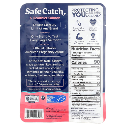 Safe Catch, дикая тихоокеанская горбуша, без кожи и костей, без добавления соли, 85 г