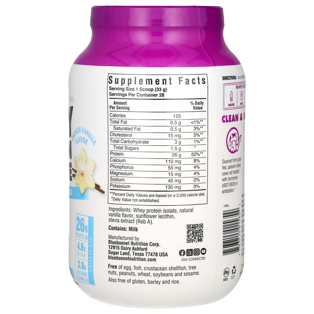 Bluebonnet Nutrition, изолят сывороточного протеина со вкусом французской ванили, 924 г (2 фунта)
