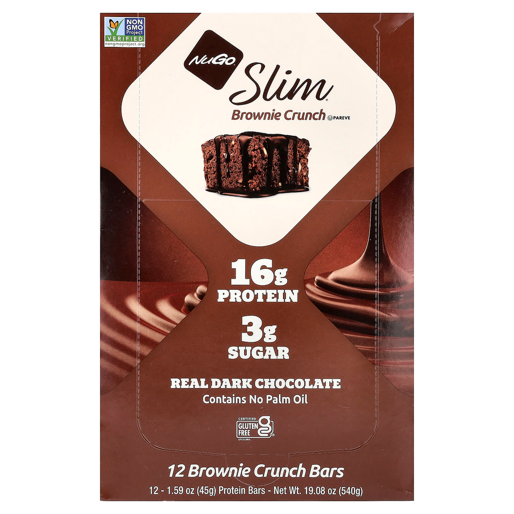 NuGo Nutrition, Slim®, протеиновый батончик, хрустящий брауни, 12 батончиков по 45 г (1,59 унции)