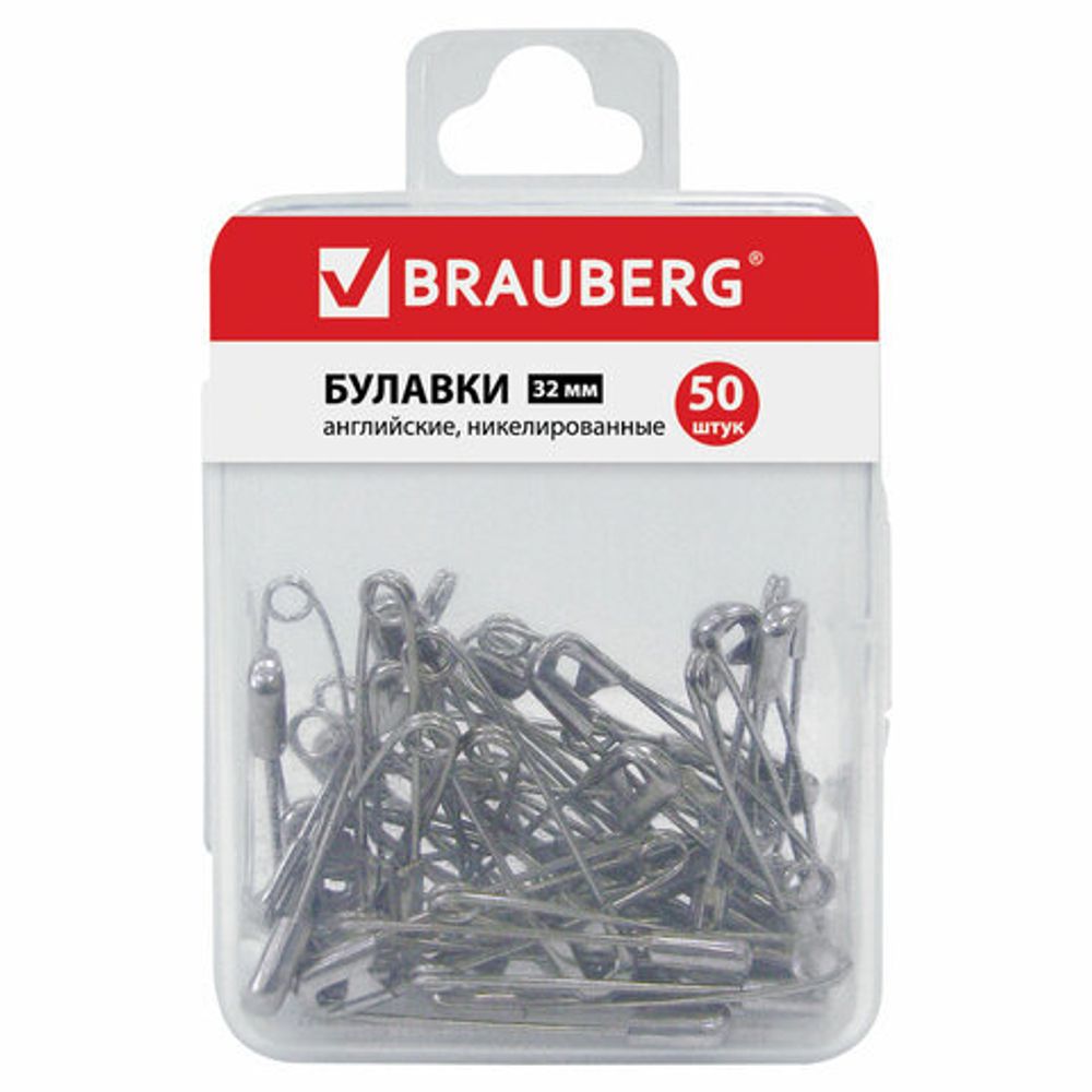 Булавки английские BRAUBERG, 32 мм, никелированные, 50 шт., в пластиковой коробке с европодвесом, 223970