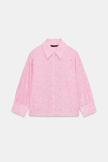 ZARA РУБАШКА В ПОЛОСКУ С ЦВЕТОЧНЫМ ПРИНТОМ, РОЗОВЫЙ/БЕЛЫЙ